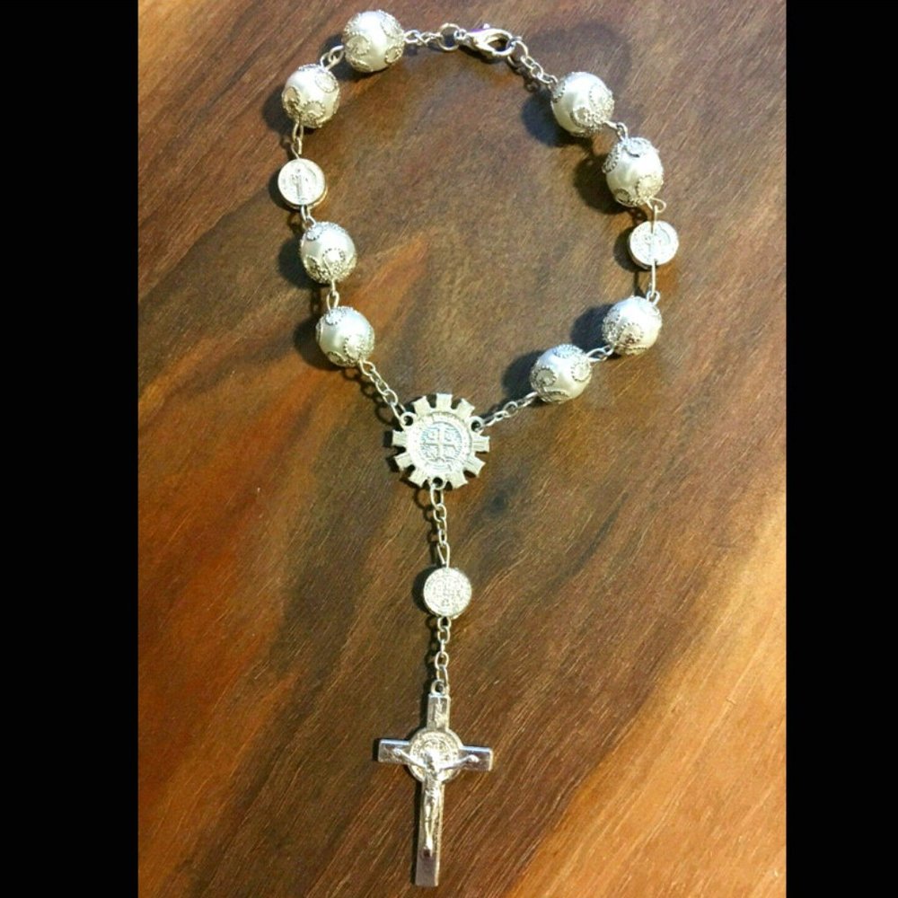 Rosary bracelet by INRI - Silver Tone, Crucifix Prayer Rosary Imitation Pearls